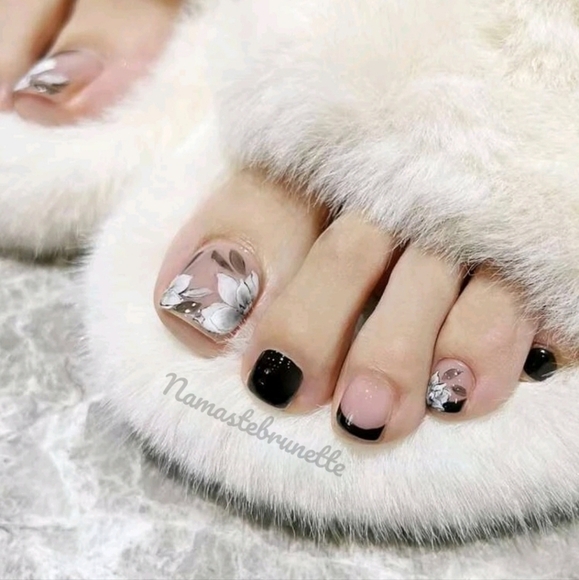 2/$16 Floral French Tip Press On Toenails - Picture 1 of 17